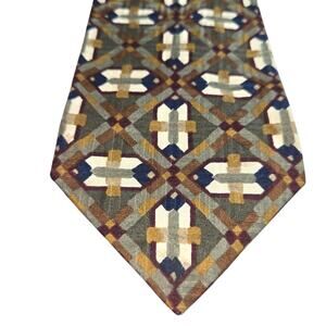 Structure Silk Tie Geometric Diamond Cross Pattern Gray Blue Brown 3 3/4”x60”